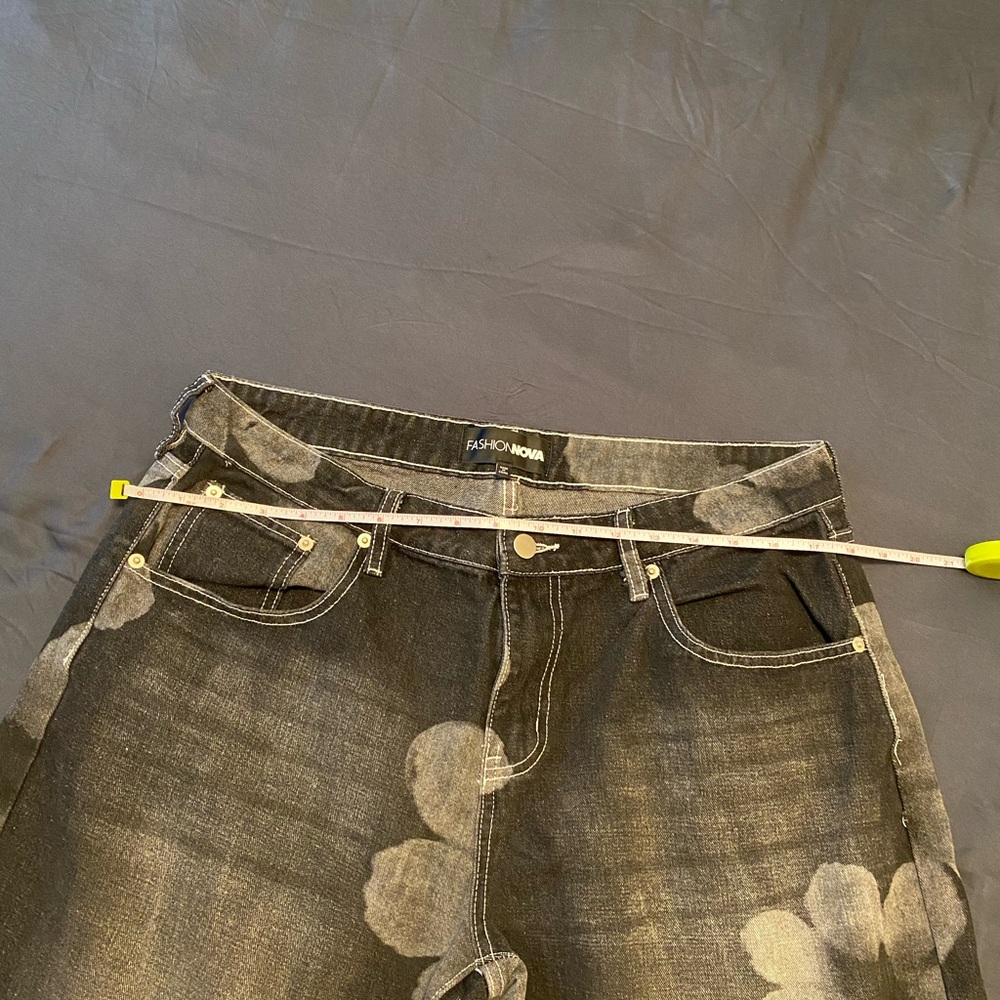 Floral Print Wide Leg Jeans - Black with Washed White Flowers - Picture 7 of 15